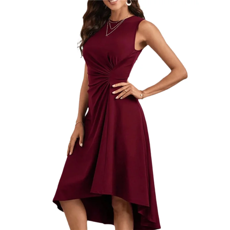 

【Party-Decoration】Women's Summer Sleeveless Ruched Waist Flowy A Line High Low Midi Cocktail Dress