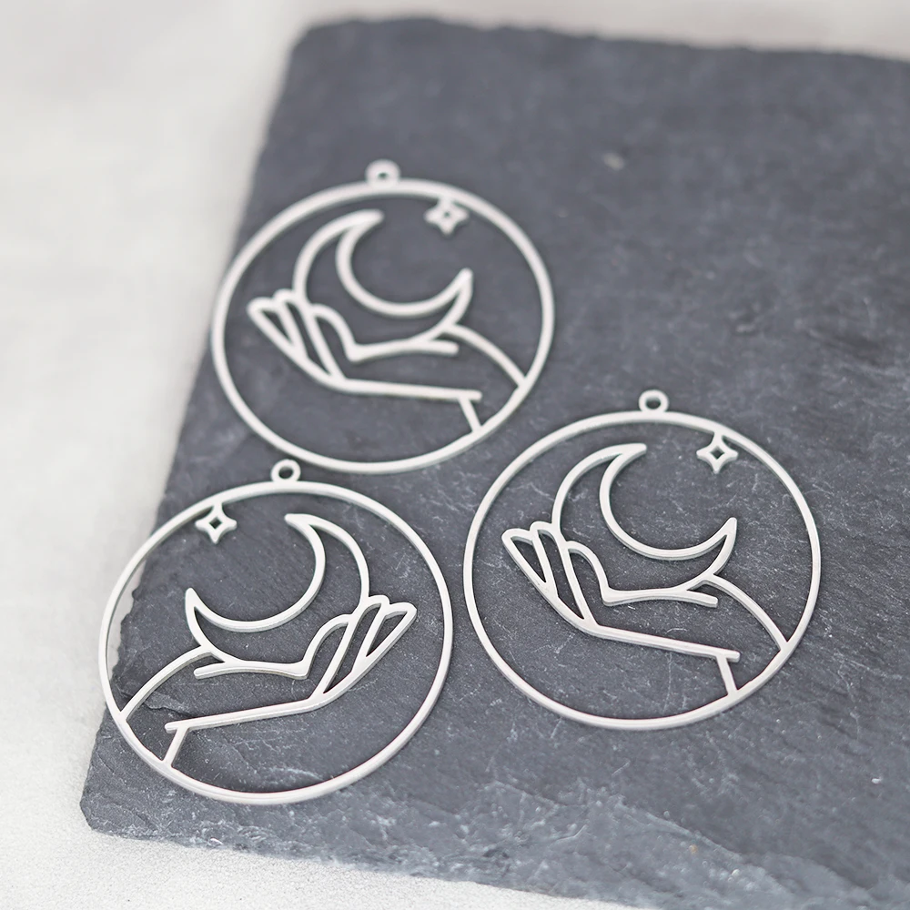 3PCS Classic Moon On Hand Stainless Steel Pendant Charms for Jewelry Making DIY Craft Vintage Earrings Necklace Women Accessory