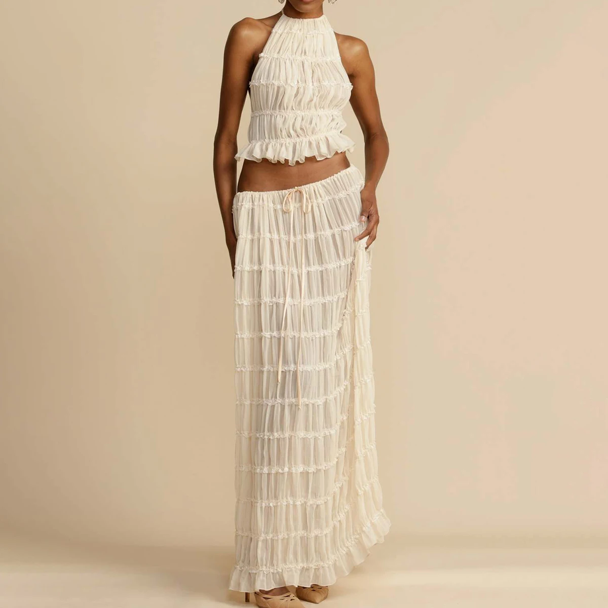 White Fungus Maxi Skirt Set 2024 New Sleeveless Backless Cropped Halter Tops+drawstring Long Skirts Elegant Fashion 2 Piece Sets