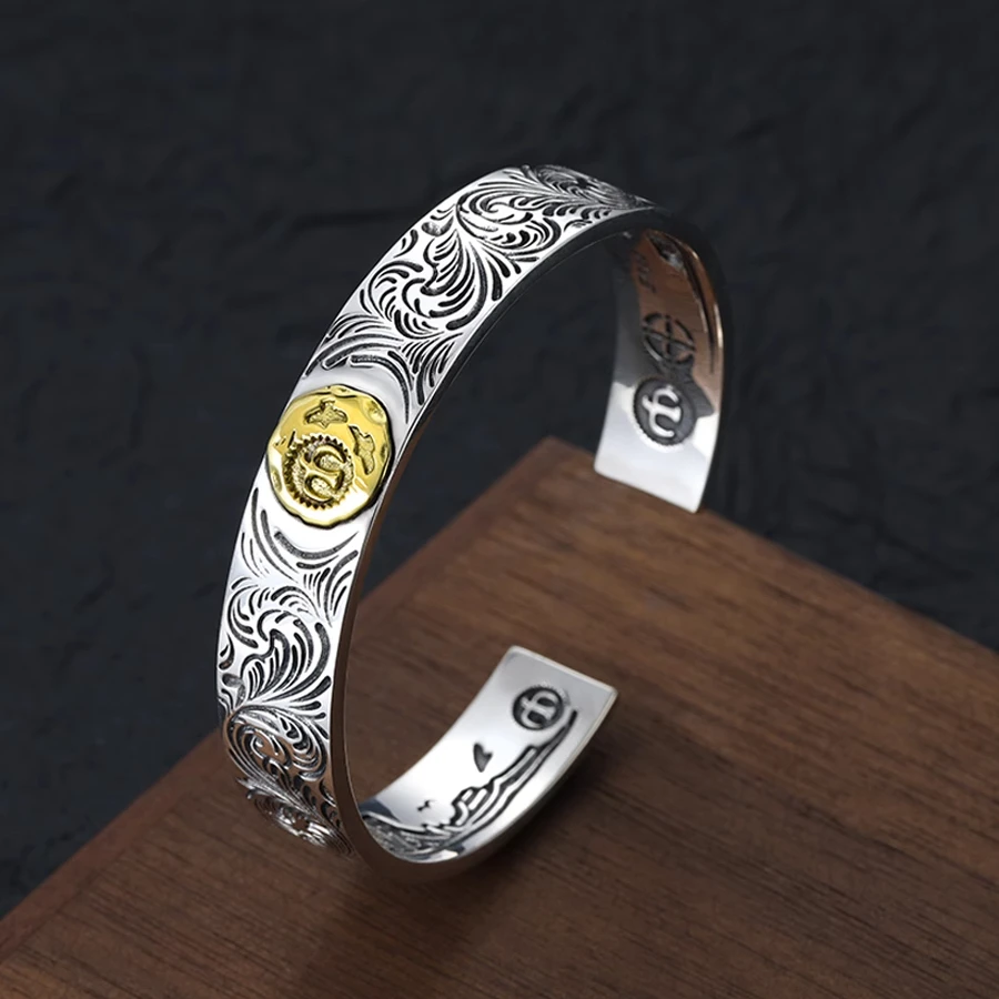 sterling silver tangcao pattern bracelet male domineering retro indian flying bird point gold flat flying eagle open bracelet