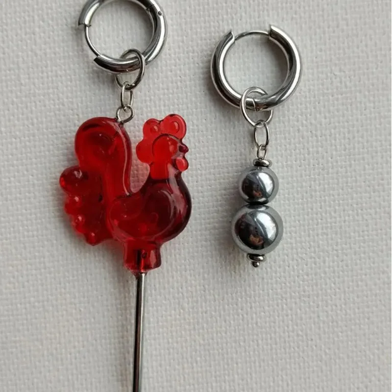 Vintage Personality Fun Gourd Red Rooster Lollipop Acrylic Asymmetrical Earrings for Women Russian Folk Style Party Jewelry Gift