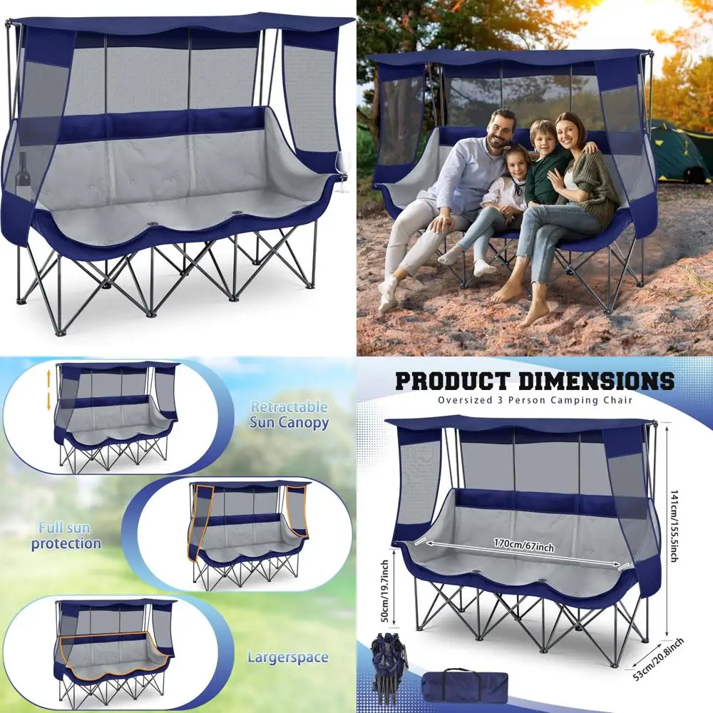 

3-Person Oversized Camping Chair with Canopy, Fully Padded Folding for Outdoor Activities