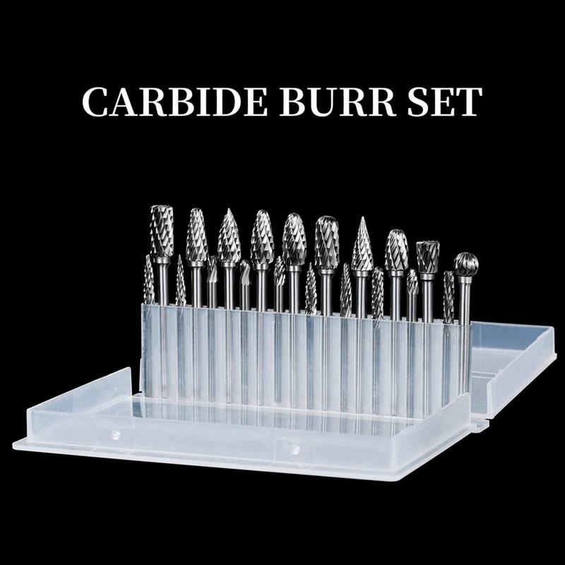 Double Cut Carbide Rotary Burr Set 20Pcs Die Grinder Bits 1/8 Inch Shank Tungsten Carbide Cutting Burrs For Wood Working