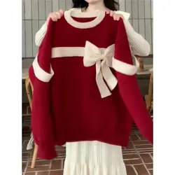 2024 New Christmas Bow Pullover Sweater for Women Thickened Design for Autumn and Winter Niche and Lazy Style High-end Feeling