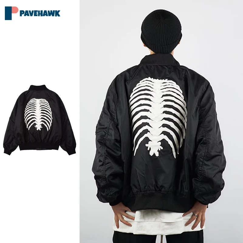 

Vintage Bomber Jackets Men Women Black Gothic Skeleton Embroidery Harajuku Baseball Varsity Jacket American Autumn Outerwear New