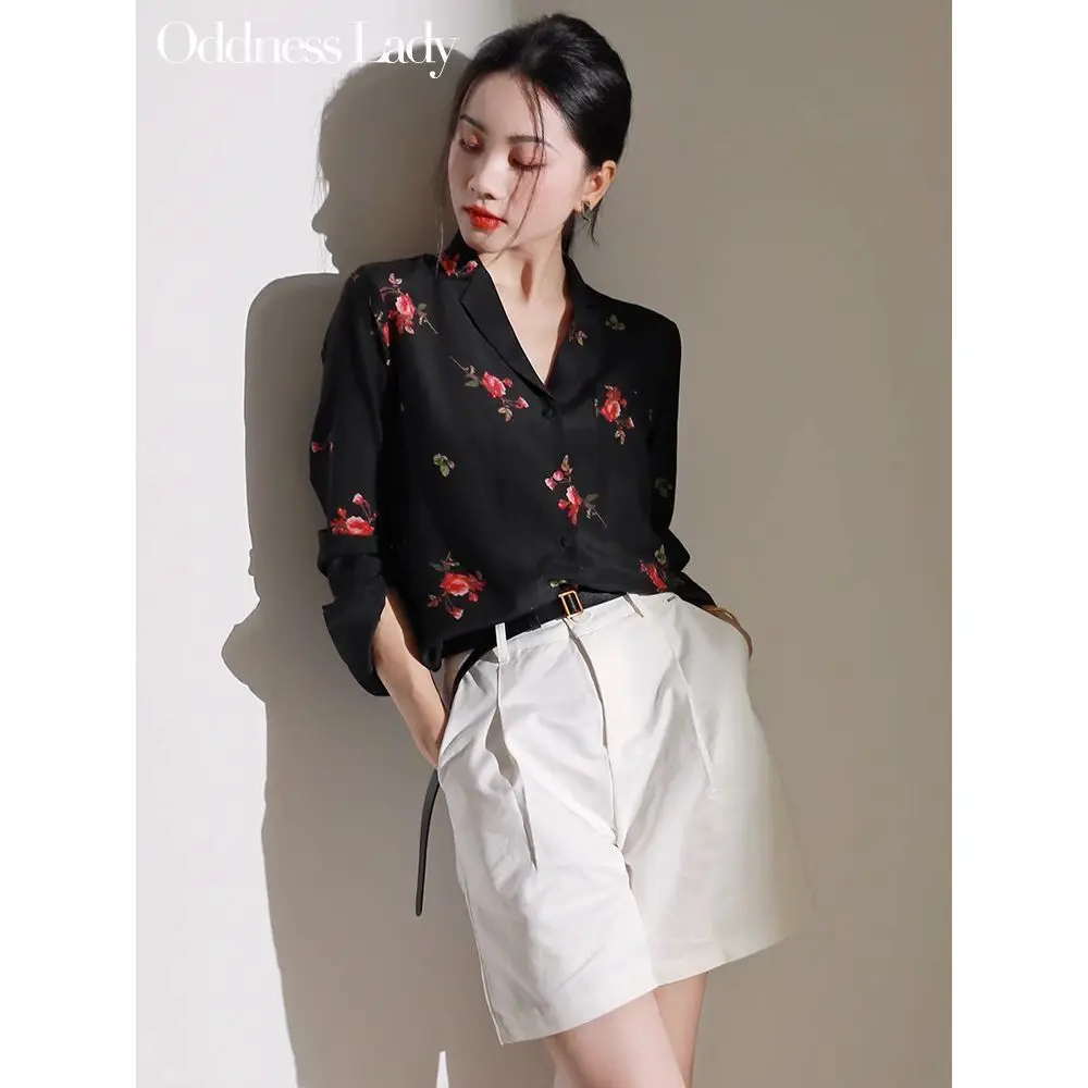 

Spring Autumn Office Lady Simplicity Floral Turn-down Collar Long Sleeve Blouse Ladies Temperament Buttons Cardigan Shirts Tops