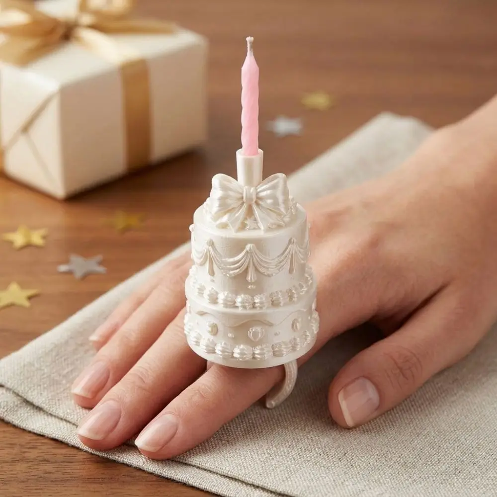 3D Cake Shape Cake Ring Candle Holder Plastic Romantic Birthday Cake Ring Topper Novelty Silk Finish Surprise Ring Prop