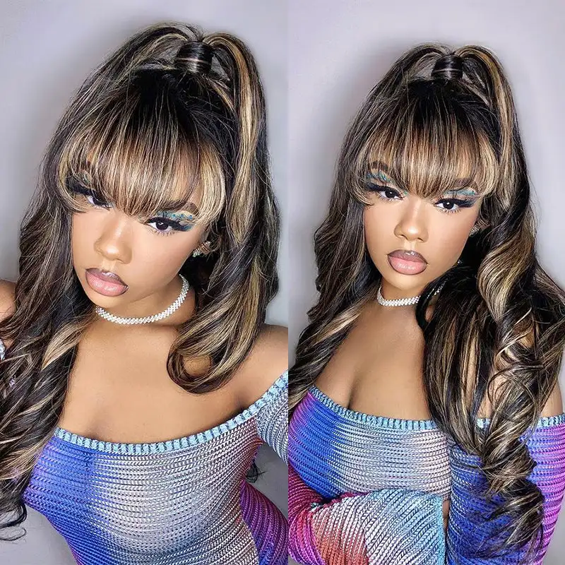 1B 27 Honey Blonde Wig With Bangs Body Wave 13x4 Lace Front Highlight Wig Human Hair Fringe Ombre Blonde Colored Human Hair Wigs