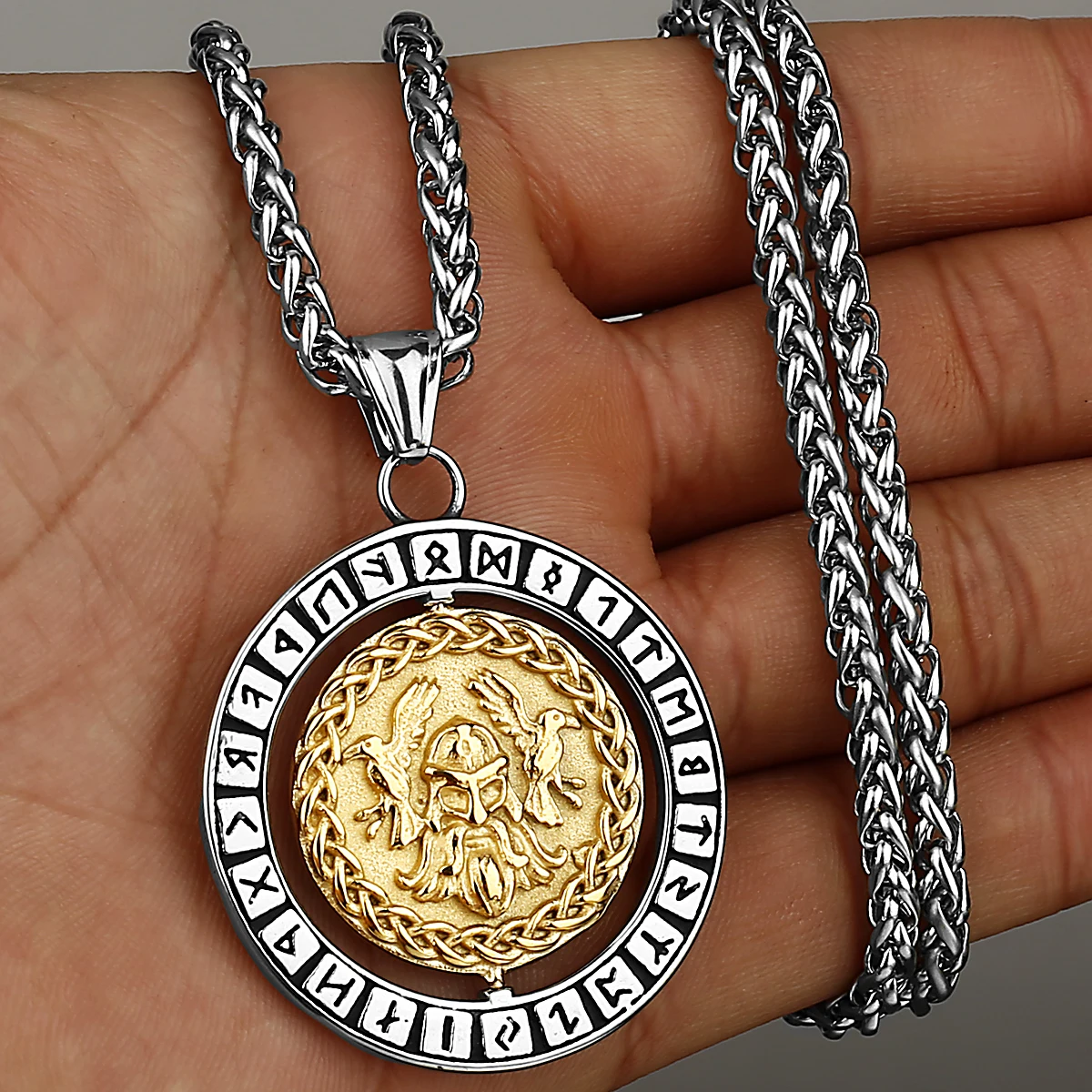 

Viking Odin and Norwegian Runes Rotating Necklace Men's Nordic Amulet Hip Hop Boutique Biker Pendant Stainless Steel Jewelry