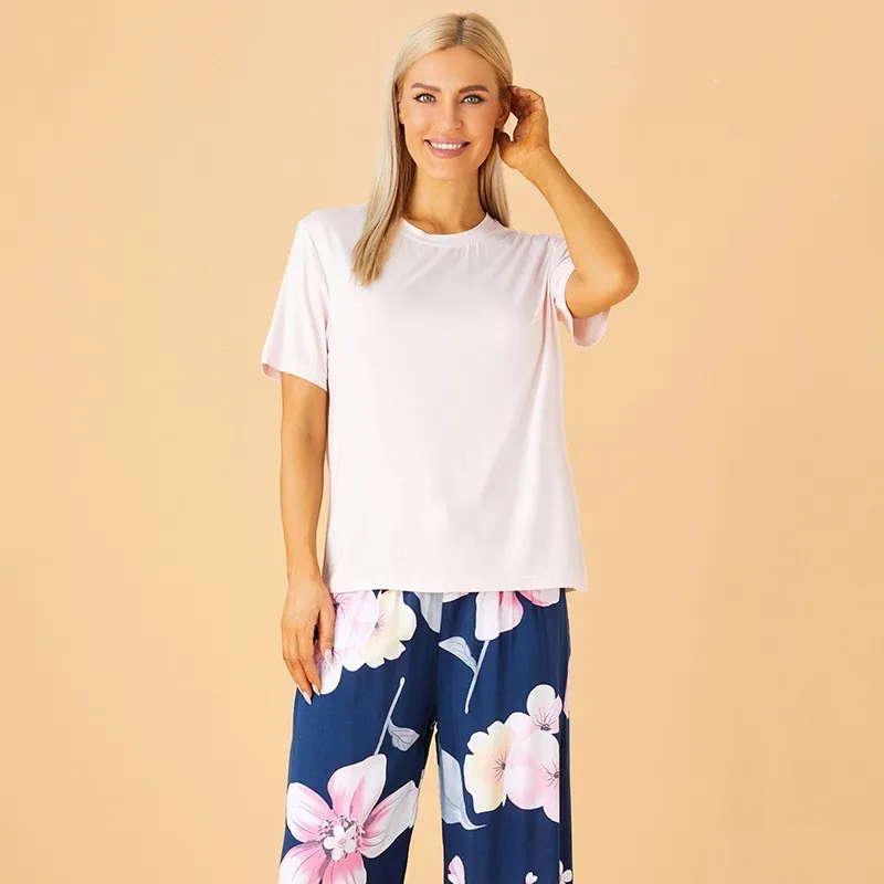 Bequeme Frauen 2 Stück Pyjama Kurzarm gedruckt Pijama Mujer Femme lose Nachtwäsche Anzug weibliche Freizeit Homewear Pyjama Set