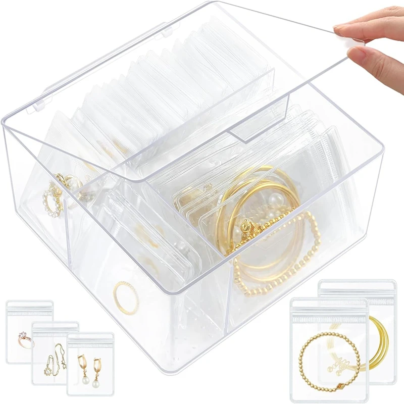 Acrylic Jewelry Box Organizer, Clear Jewelry Organizers And Storage With 60 Bags, For Earrings/Rings/Bracelet/Necklaces