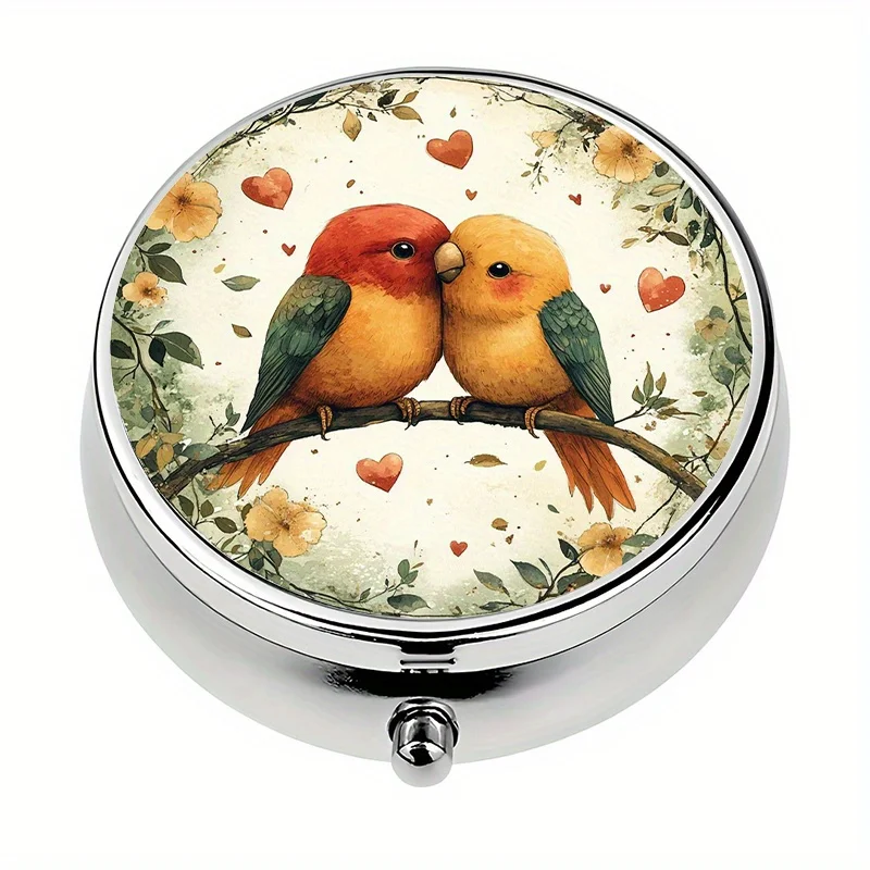 1 piece, portable travel pill box with 3 compartments, featuring a decorative pattern of two loving lovebirds, a vitamin organizer that can be placed in a handbag, a unique travel gift