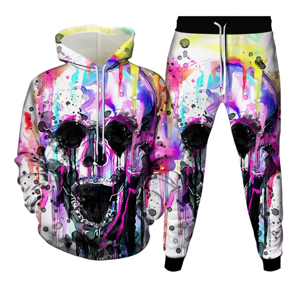 New Men\'s Tracksuit Sets Goth Punk Skull Fire 3D Printing Hoodies Pants Suit High Quality Skeletons Pullover Streetwear Oversize