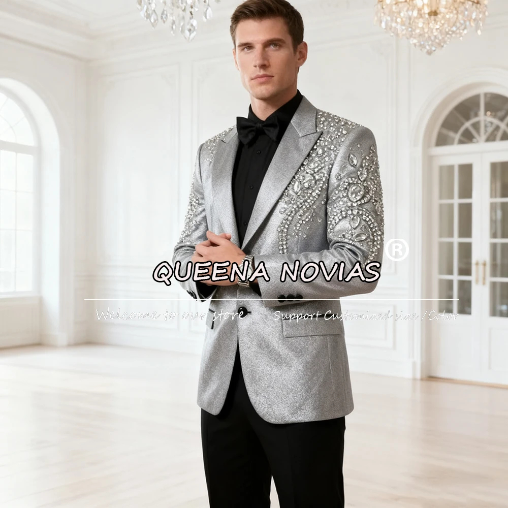 

Brilliat Sliver Beaded Stones Suit Men For Wedding Single Breasted Prom Blazer Costume Homme Customized Groom Tuxedos Man Attire
