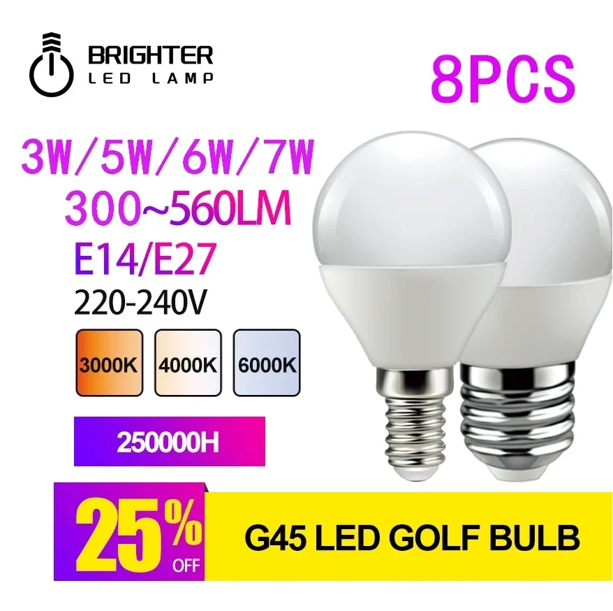 

8pcs LED Bulb Lamps G45 E14 E27 AC220V 240V Light Bulb Real Power 7W 6WW 5W 3W Lampada Living Room Home LED Bombilla