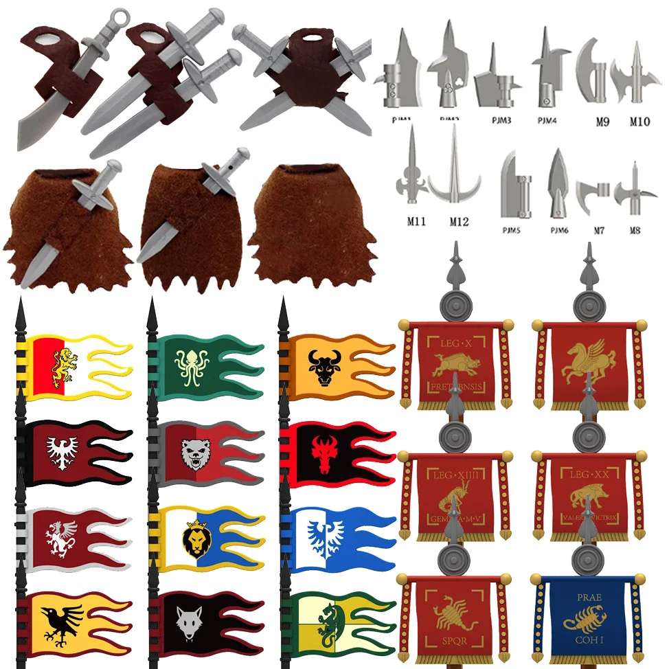 Medieval Military Dual Scabbard Accessories Building Blocks Castle Rome Flag Army Knight Soldier Figures Swords Knife Bricks Toy