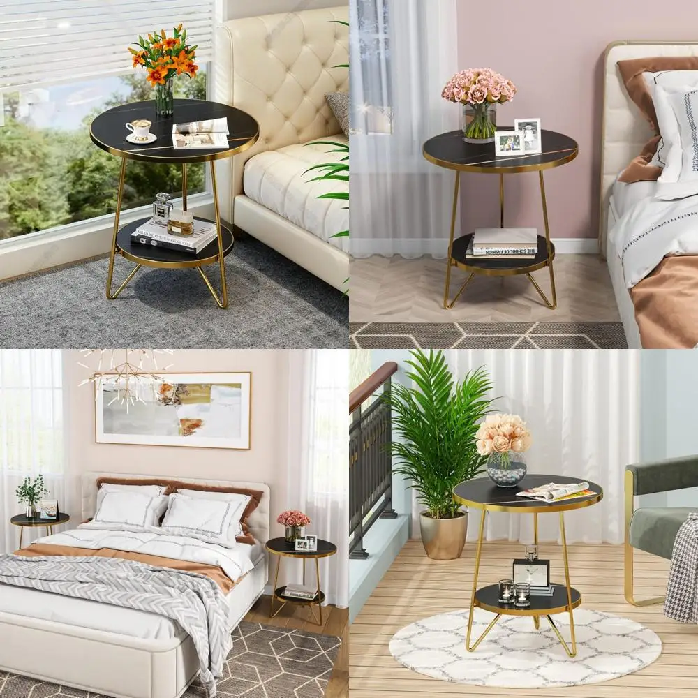 

Торцевой столик из искусственного мрамора Tribesigns, 2-х уровневый круглый приставной столик с полками, современная черная тумбочка, прикроватная тумбочка, небольшой кофейный столик