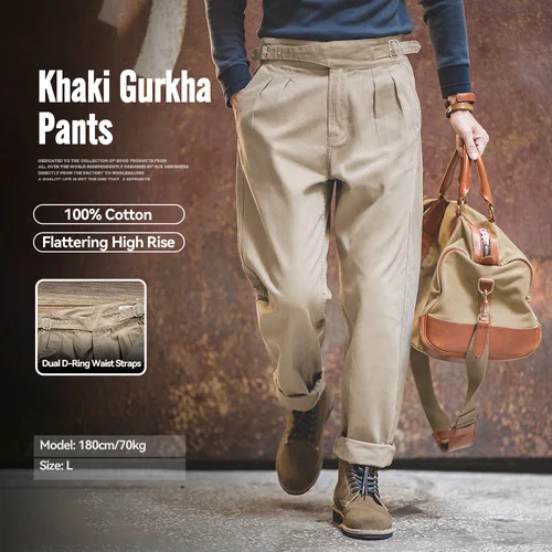 Maden Vintage caqui Gurkha pantalones ajustables de cintura alta Casual Cargo pantalones de trabajo pantalones rectos clásicos para hombres primavera y otoño
