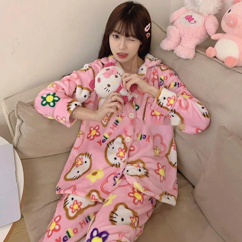 New Sanrio Hello Kitty Pajamas Kawaii Winter Women Sleepwear Fashion Cute Loungewear Cartoon Cat Warm Home Suit Y2k Nightgowns