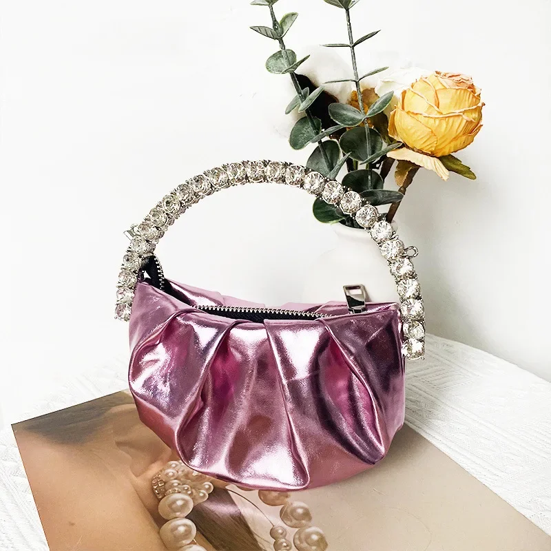 

Fashion Luxury Rhinestone Handle Handbags Wedding Party Rose Red Pink Purple Small Clutches For Women Chain Shoulder Bags Purse