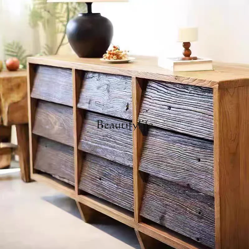 

yj9 Old Elm Wood Nine-Drawer Cabinet Simple Black Walnut Color Storage Cabinet Japanese Style Light Luxury Storage