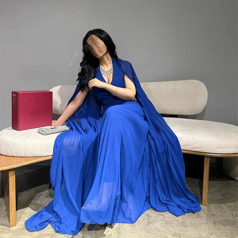 Elegant Royal Blue Chiffon Evening Dresses A-Line V-Neck Pleated Muslim Floor Length Prom Dresses for Women