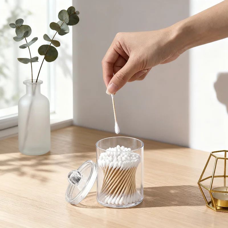 Clear Acrylic Qtip Holder with Clear Lid Cotton Swab Ball Pad Container Single Bathroom Vanity Makeup Storage Organizer Jar