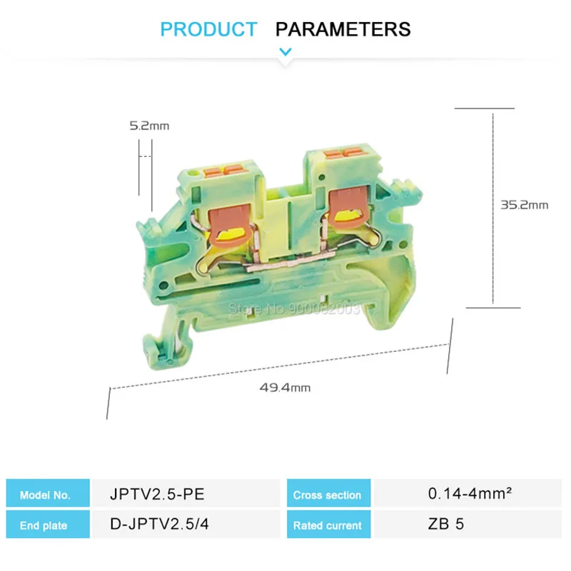 PTV 2.5-PE Ground Modular DIN Rail Terminal Block Side-Entry Push-in Wiring Connector Electrical 2.5mm PTV2.5-PE