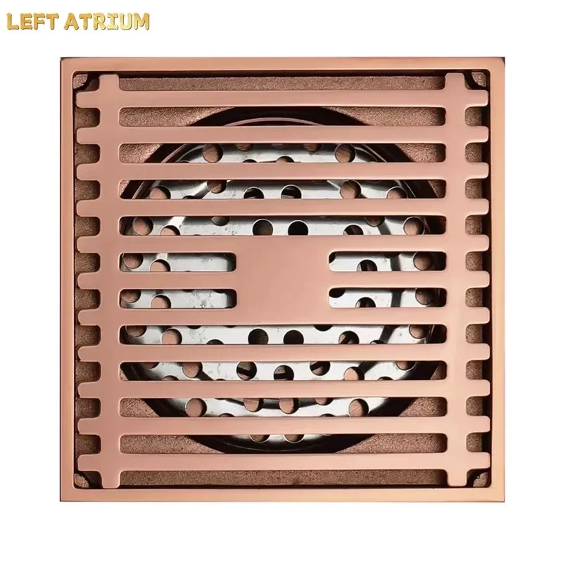 Brass Floor Drains Rose Gold Shower Floor Drain Bathroom Deodorant Square Water Leakage Floor Drain Strainer Cover Grate Waste