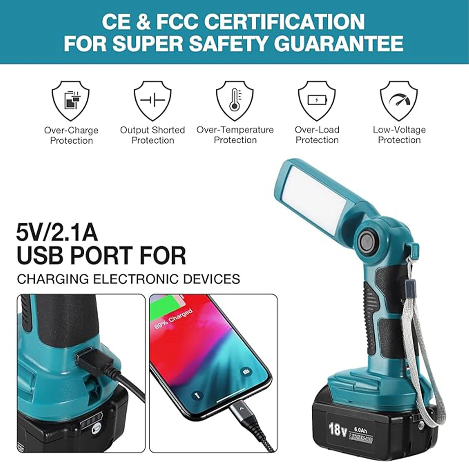12W 1000LM Protable Flashlight for Makita/Dewalt/Milwuakee/Bosch/Ryobi 18 V Battery with Low Voltage Protection 270° Rotating