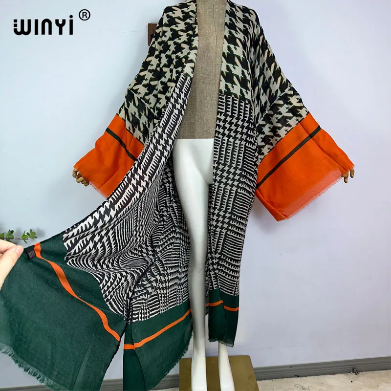 WINYI kimono Retro print summer boho print Bikini Cover-up Elegant fashion Cardigan sexy Holiday  maxi beach swimsuit dress