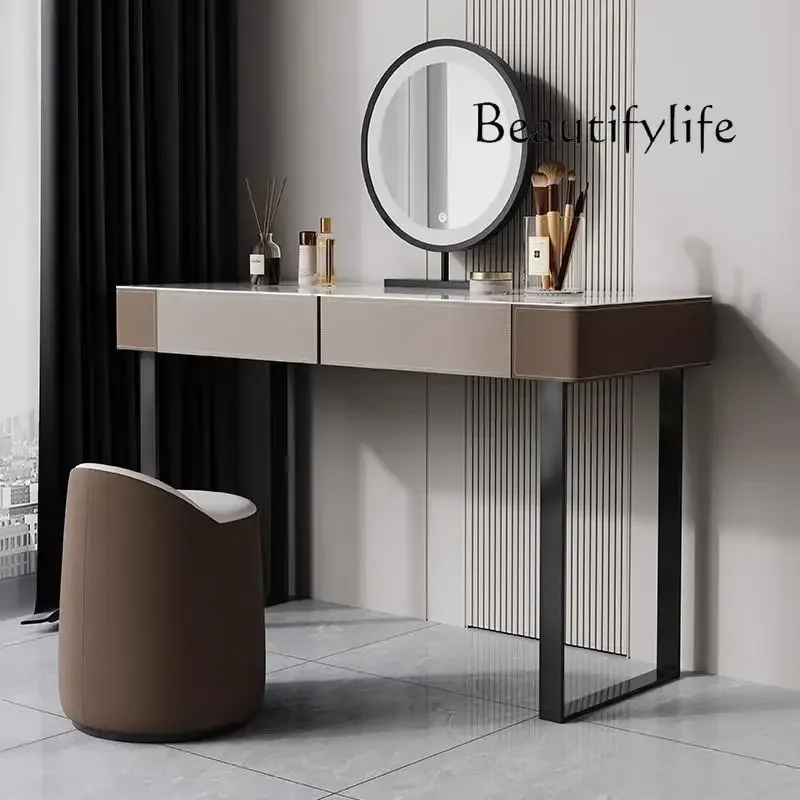 

M Italian Light Luxury Dresser Chest Integrated Rock Slab Saddle Leather Modern Simple Bedroom Apartment Storage Dressing Table