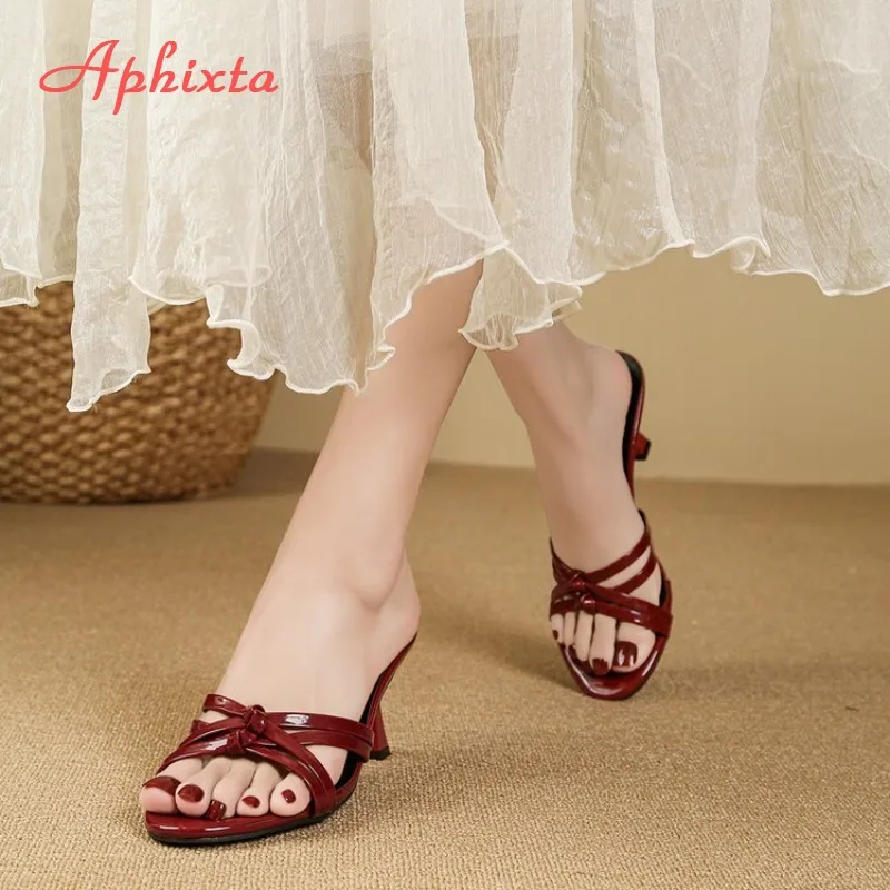 

Aphixta Fashion Slippers 2026 Arrival Women's Knot Detail Heeled Mules Open Toe Strappy Slide Sandals Elegant Fashion Footwear
