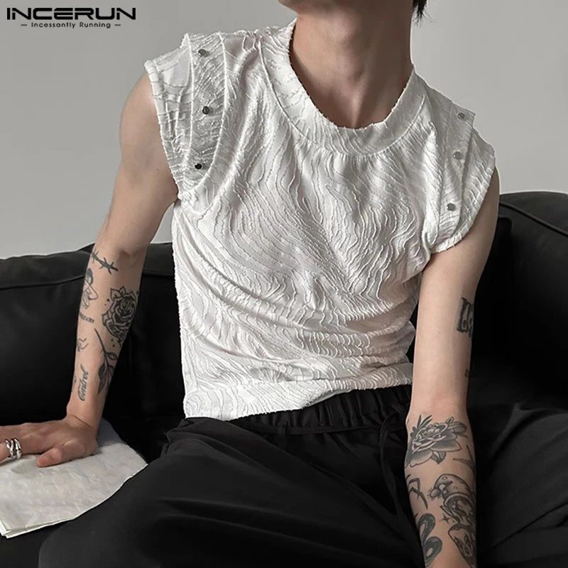 INCERUN Men Tank Tops Solid Color Tassel O-neck Sleeveless Summer Male Vests Streetwear 2024 Fashion Casual Men Clothing S-5XL