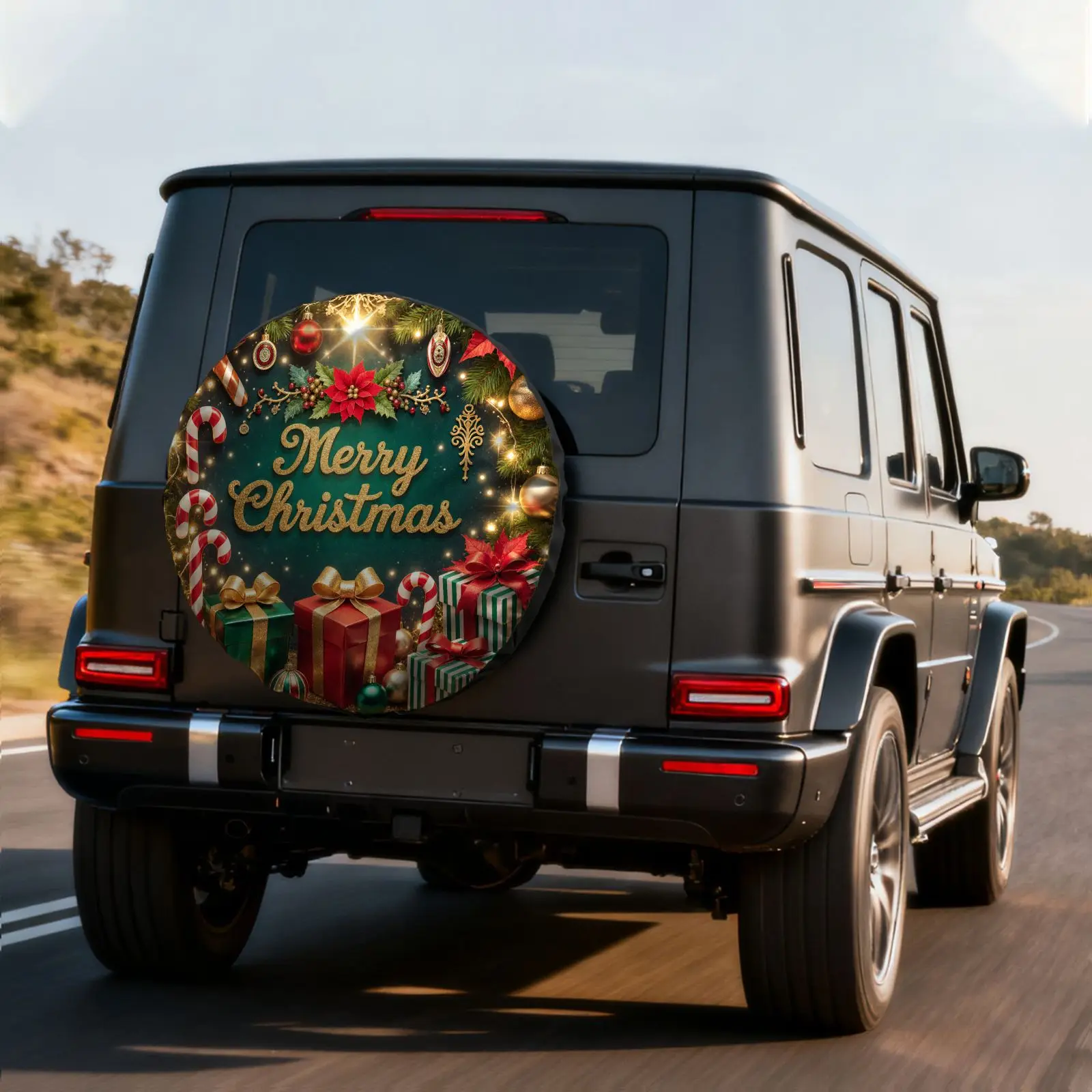 Christmas-Themed Tire Cover With Golden Text And Green Pine Branch Decoration, Made Of Polyester Fiber, Easy To Install And Secu