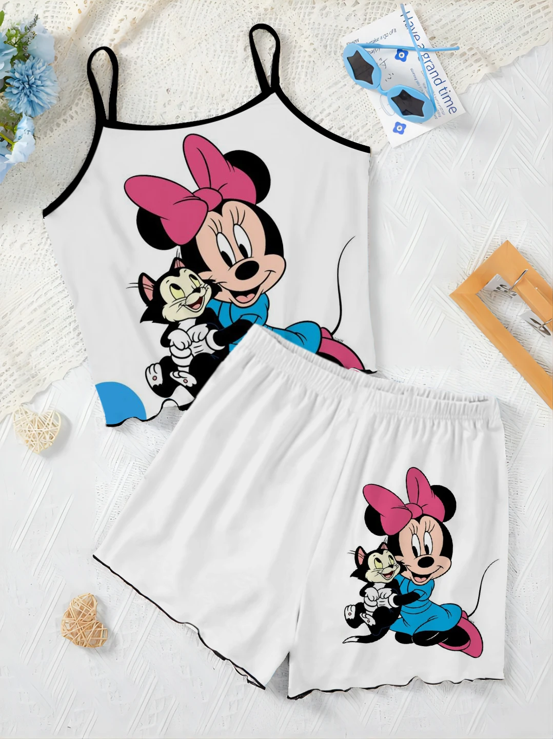 Damen anzug Mickey Salat Trim T-Shirt Slip Kleid kurze Sets Pyjama Rock Disney Top Minnie Maus Stücke elegante Disney Mickey