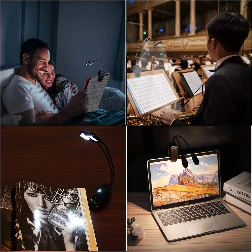 2Pcs Music Stand Light Clip on LED Book Lights Dual Arm Reading Lights for Books in Bed 360 Degree Adjustable Clip HOT