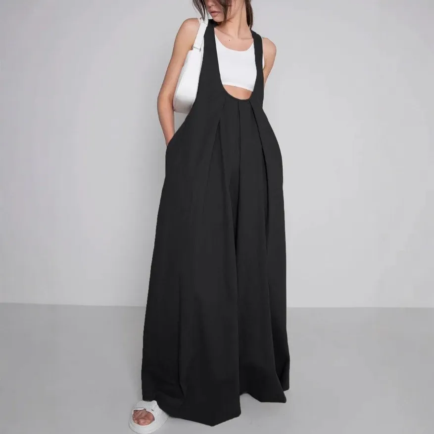 Summer Woman Dress Boho Sleeveless U Neck Dresses Women's Casual Loose Fit Maxi Dress Black Pleated Front Slip Dress Olive Green