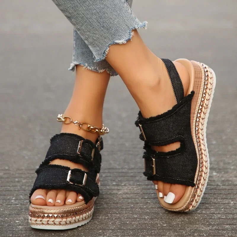 Women Chunky Platform Wedges Sandals Female Summer Blue Denim Beach Sandals Woman Ankle Straps High Heels Sandalias Plus Size 42