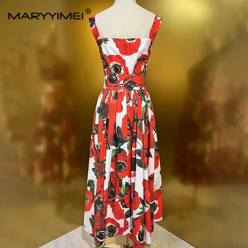 Maryyimei Mode Damen neue Baumwolle rücken freie Spaghetti träger Vierkant ausschnitt ärmel los bedruckte Vintage-Knopf elegantes Midi-Kleid