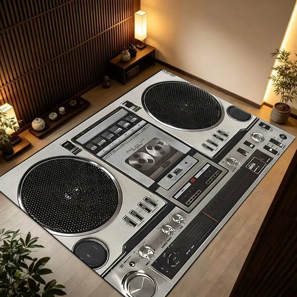 Vintage Retro Speaker and Record Player Printed Carpet, Rock Music Style Carpet, Suitable for Music Room and Bedroom Decoration