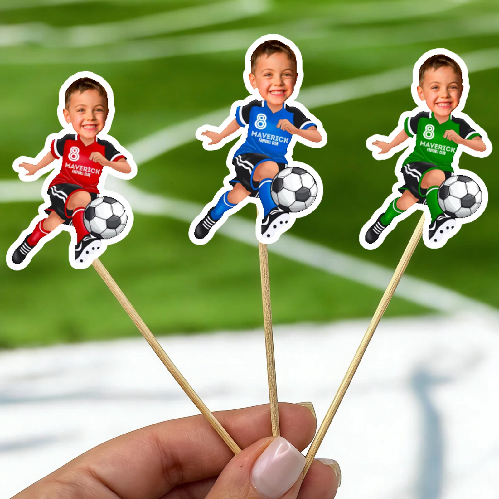 

Customized photo football cake flag stickers for birthday party decoration at the dessert table