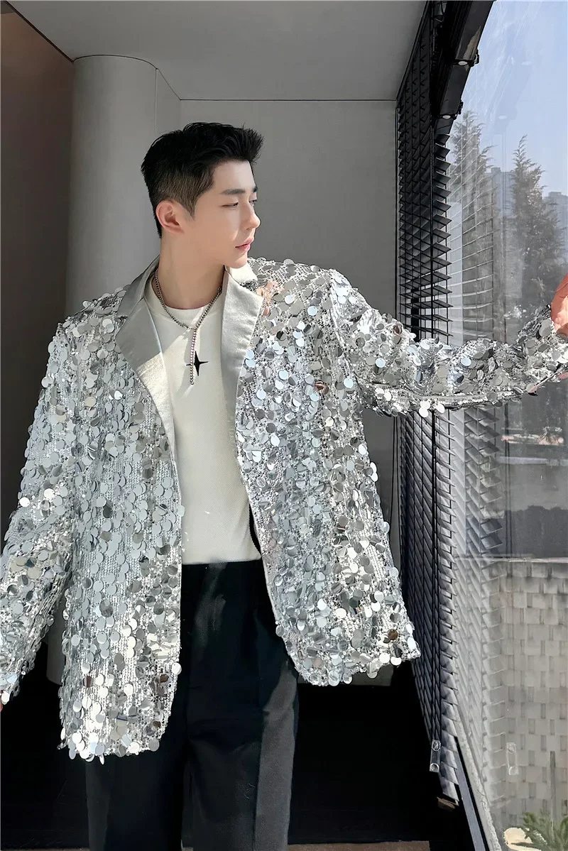 Korean Men\'s Sequins Blazer Glitters Bling Suit Jackets Singer Stage Shiny Clothing Black Silver Oversize Party Suit Coat Man