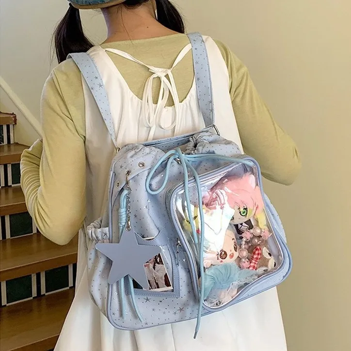 Korean Fashion Star Pattern Ita Bag Large Capacity Clear Front Pocket Messenger Bag Drawstring Design Nylon Casual Shoulder Tote