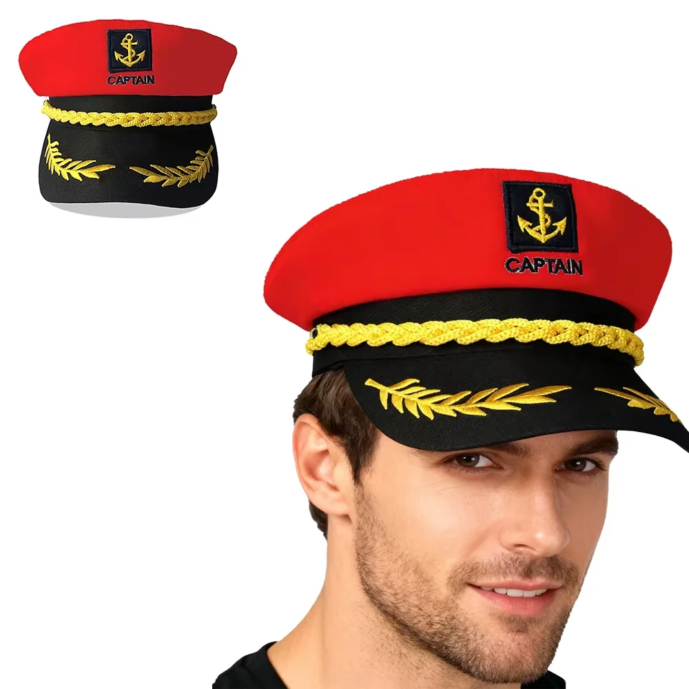 PESENAR Captain Style Red and Black Naval Hat with Anchor Emblem for Cosplay and Costume Accessory