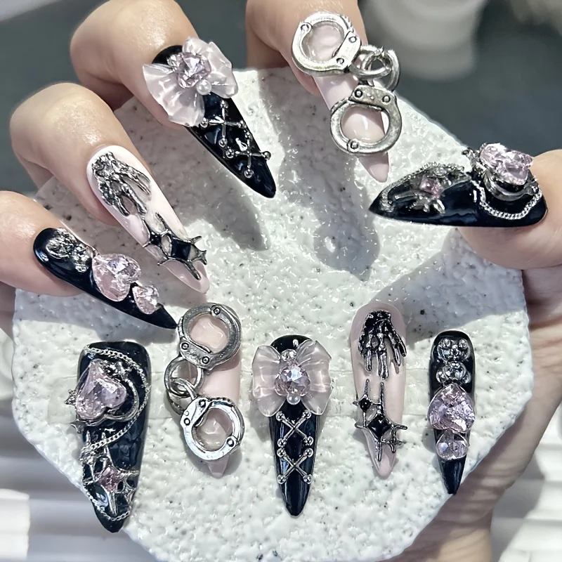 10Pcs Handmade Nails Black Pink Long Pointed False Nails Y2K Sweet Cool Handmade Wearable Nails Pink Diamond Bear Bow Nails Art