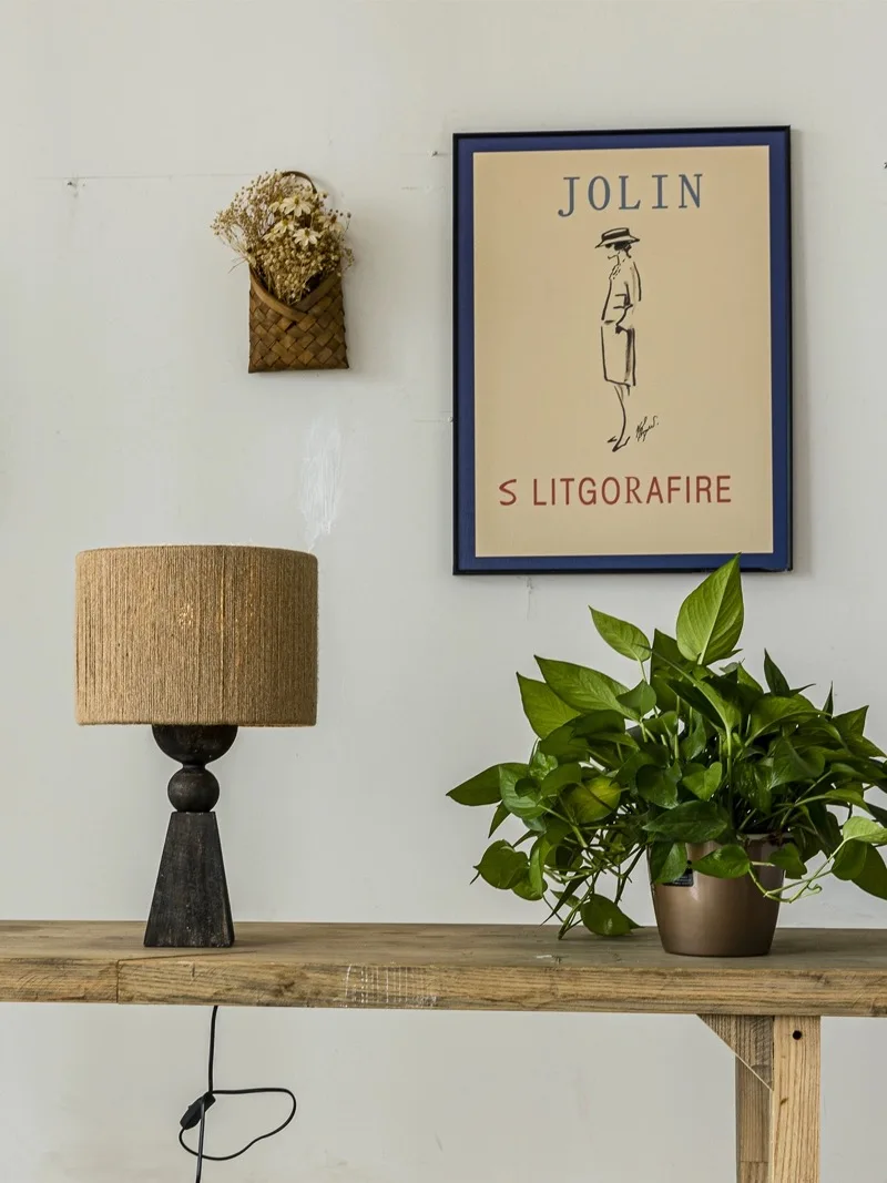 Elegante Beleuchtung, antiker Retro-Vintage-Stil, Massivholzsockel, Tischstrohlampe für moderne Kunst, Nachttischbeleuchtung, Schreibtischlampe
