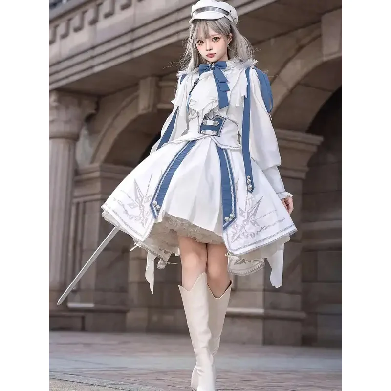 

Starry Knight Lolita Dress Daily Young Girl Long Sleeves Tops Skirt Suit Cos Cosplay Blue And White