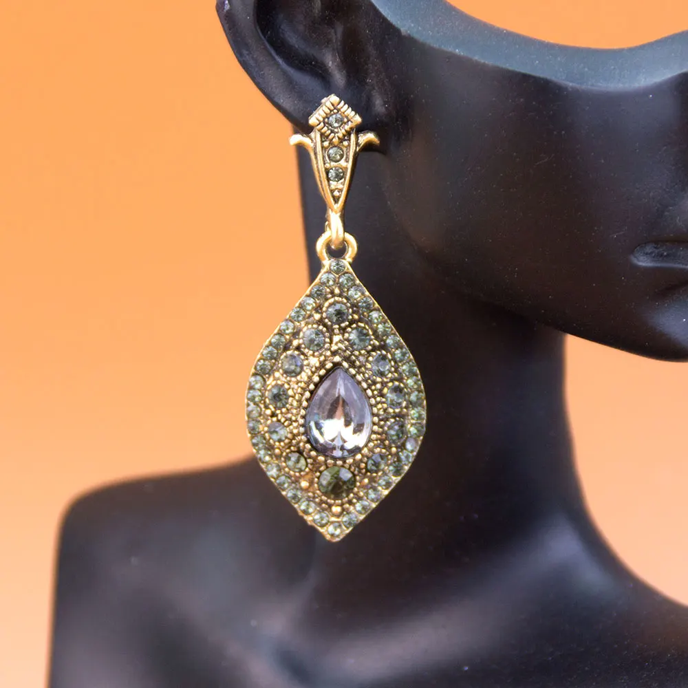 Sunspicems Vintage Turkish Bohemia Women Earring Gray Crystal Antique Gold Color Rhombus Pendant Indian Drop Earring Jewelry