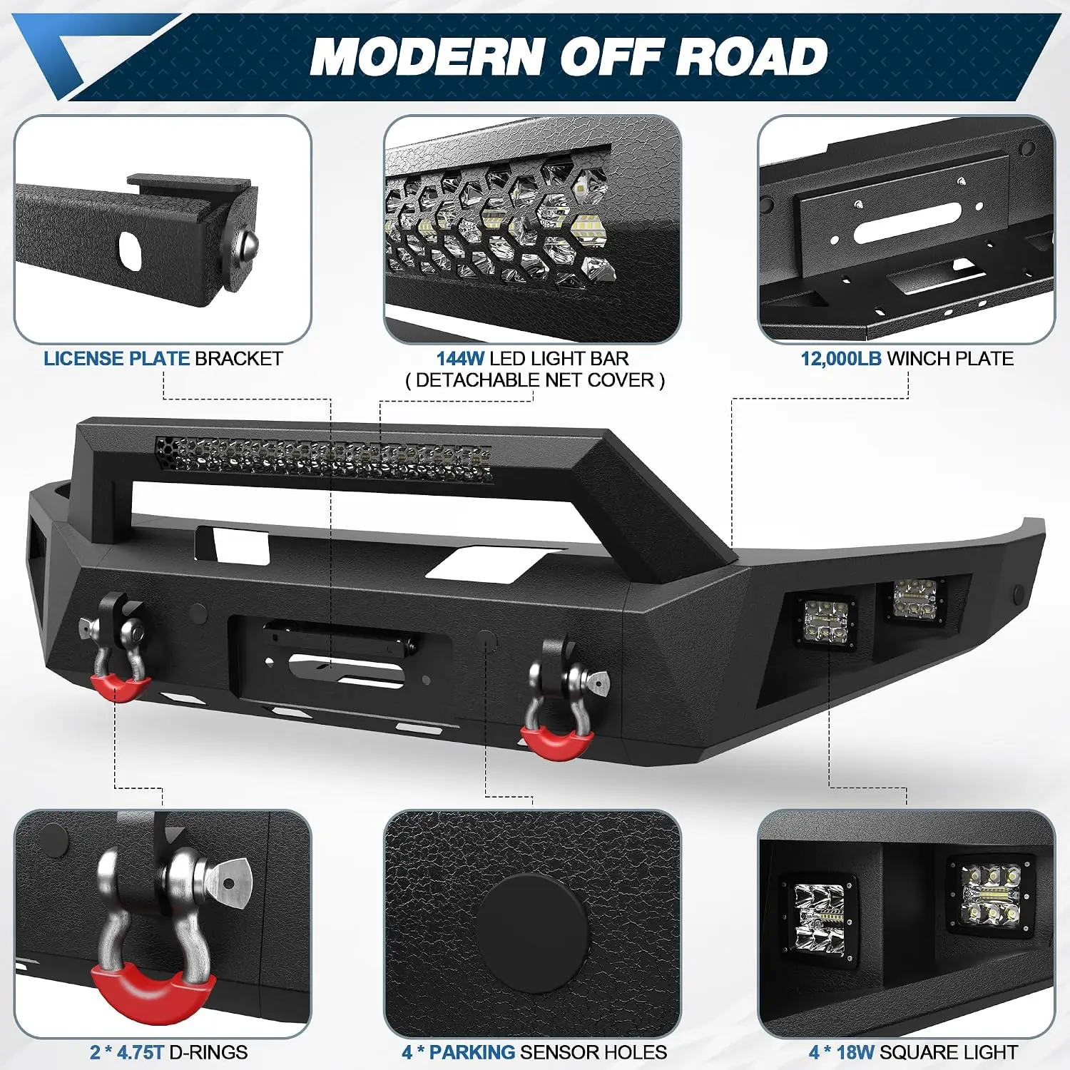 For 2015-2018 Ram 1500 Rebel Only Front & Rear Steel Bumper Set with Winch Plate 144W Light Bar 6x18W LED Lights D-Rings